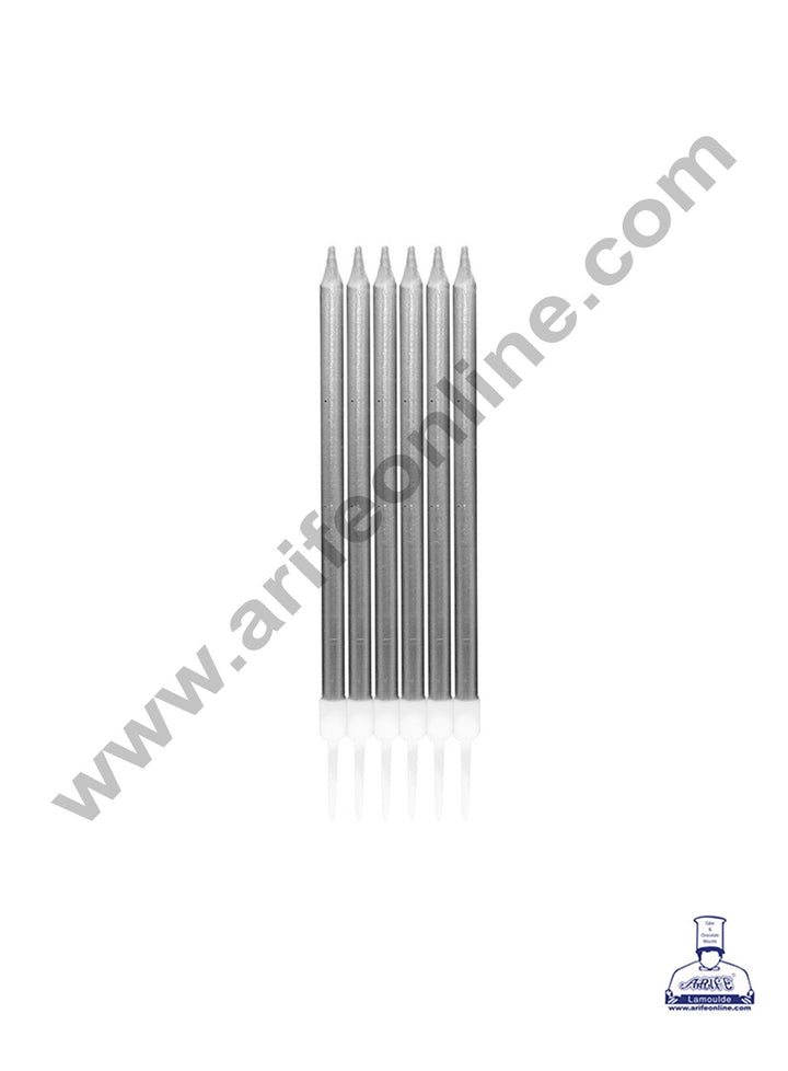 Cake Decor Metallic Long Thin Cake Candle in Holder for Party Decoration for Cake and Cupcake - Silver- Set of 6 Pc