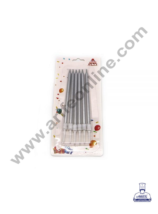 Cake Decor Metallic Long Thin Cake Candle in Holder for Party Decoration for Cake and Cupcake - Silver- Set of 6 Pc