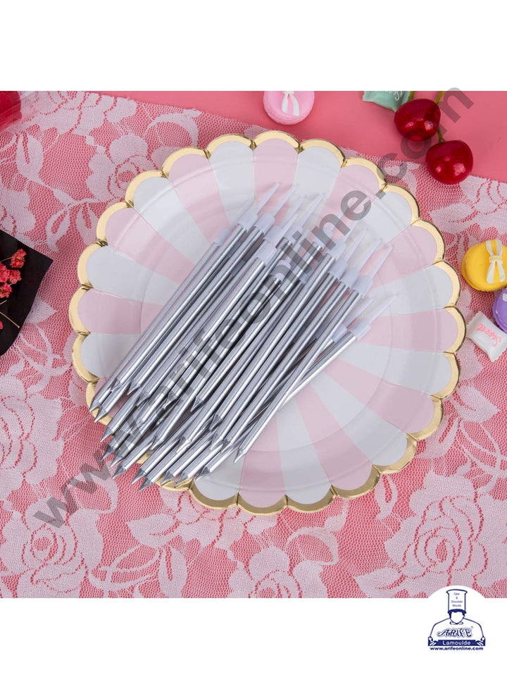 Cake Decor Metallic Long Thin Cake Candle in Holder for Party Decoration for Cake and Cupcake - Silver- Set of 6 Pc