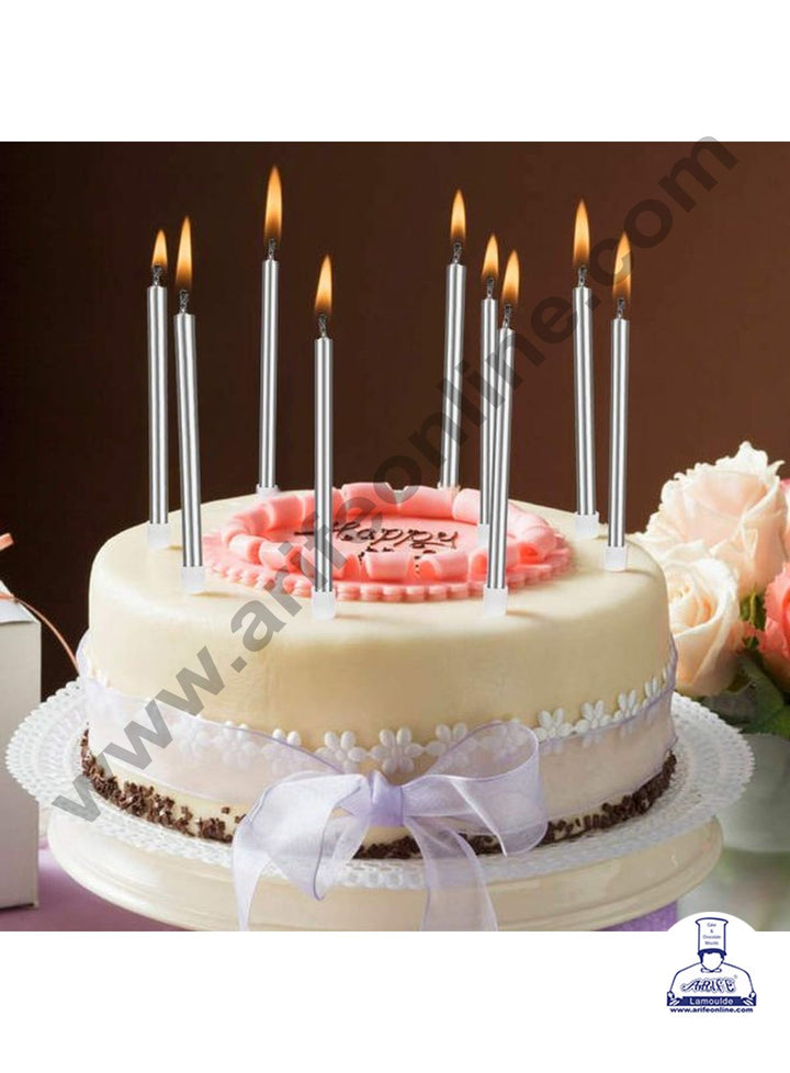 Cake Decor Metallic Long Thin Cake Candle in Holder for Party Decoration for Cake and Cupcake - Silver- Set of 6 Pc