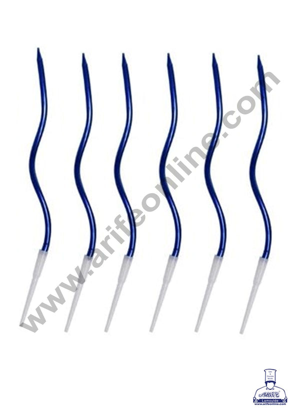 Cake Decor Metallic Long Twisty Candles with Stand for Party Decoration for Cake and Cupcake - Blue ( Set of 6 Pc )
