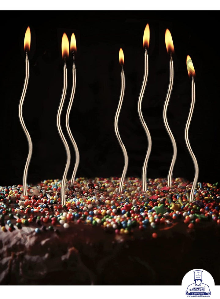 Cake Decor Metallic Long Twisty Candles with Stand for Party Decoration for Cake and Cupcake - Bronze ( Set of 6 Pc )