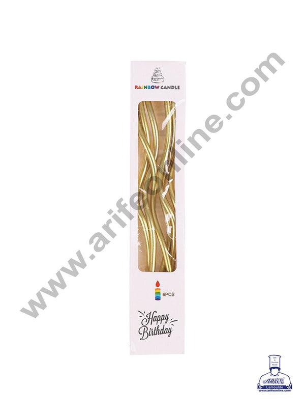Cake Decor Metallic Long Twisty Candles with Stand for Party Decoration for Cake and Cupcake - Golden- Set of 6 Pc