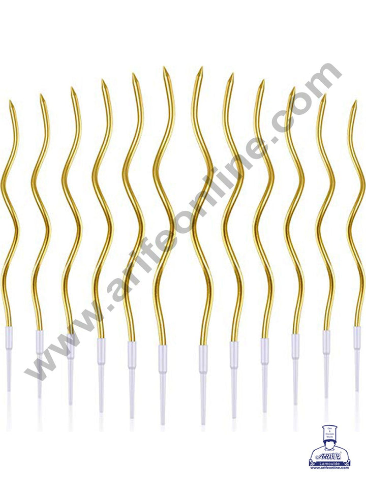 Cake Decor Metallic Long Twisty Candles with Stand for Party Decoration for Cake and Cupcake - Golden- Set of 6 Pc