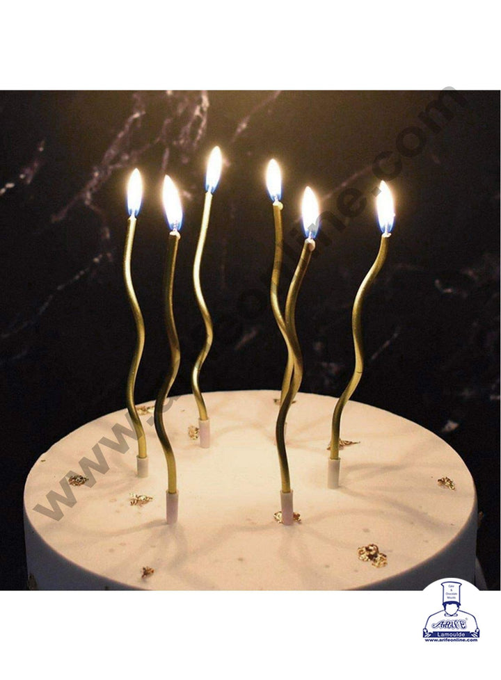 Cake Decor Metallic Long Twisty Candles with Stand for Party Decoration for Cake and Cupcake - Golden- Set of 6 Pc