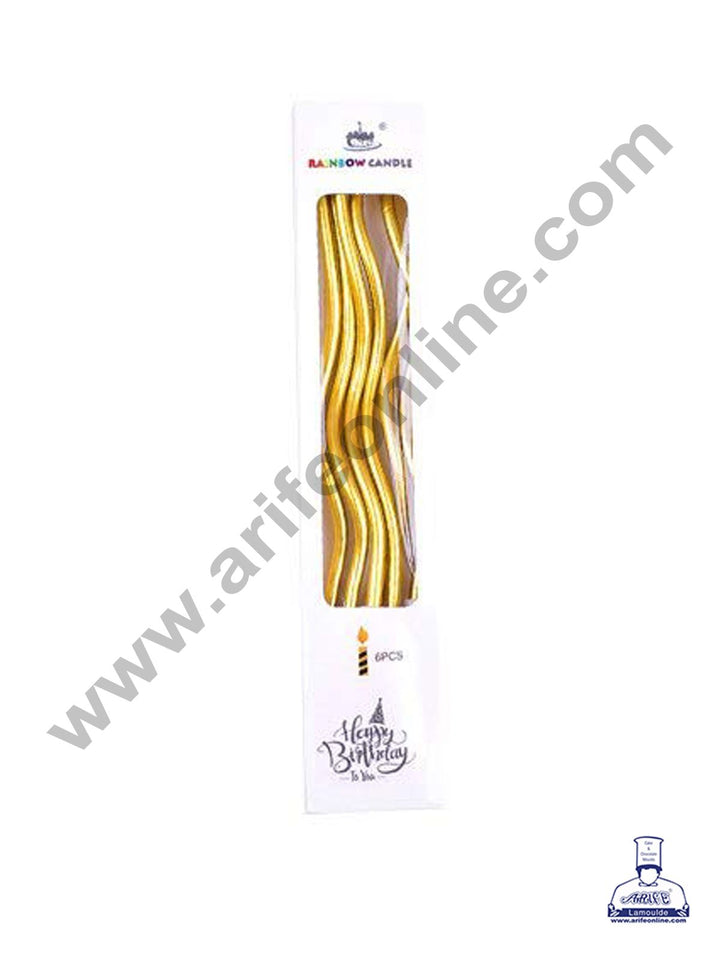Cake Decor Metallic Long Twisty Candles with Stand for Party Decoration for Cake and Cupcake - Golden- Set of 6 Pc