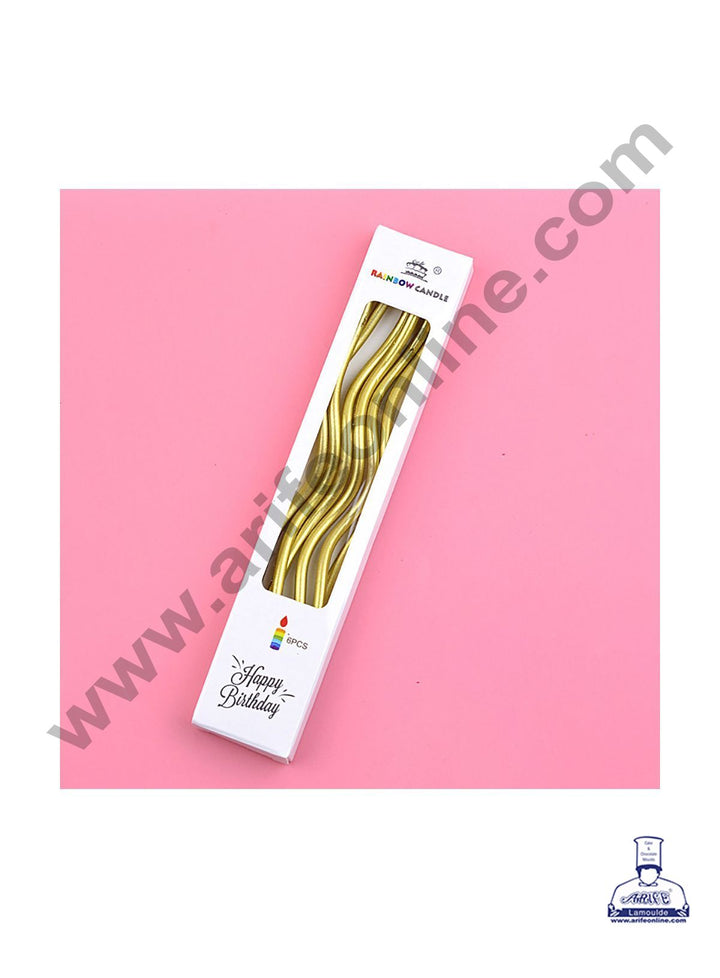 Cake Decor Metallic Long Twisty Candles with Stand for Party Decoration for Cake and Cupcake - Golden- Set of 6 Pc
