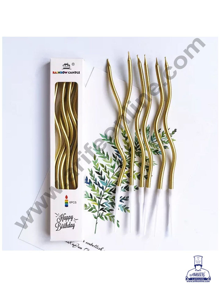 Cake Decor Metallic Long Twisty Candles with Stand for Party Decoration for Cake and Cupcake - Golden- Set of 6 Pc