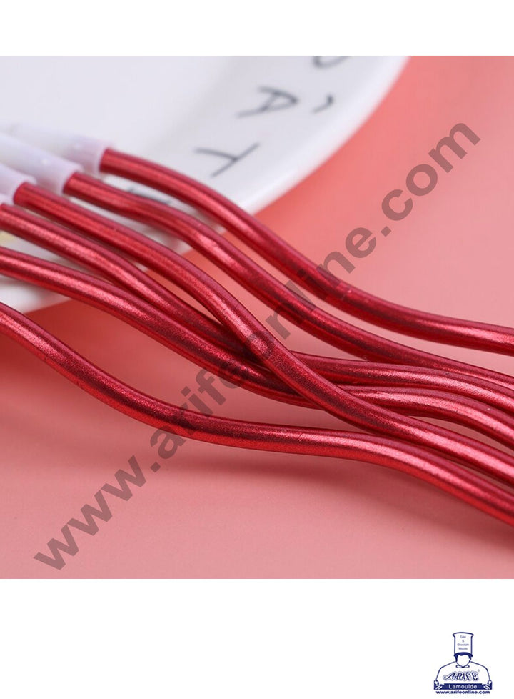 Cake Decor Metallic Long Twisty Candles with Stand for Party Decoration for Cake and Cupcake - Red ( Set of 6 Pc )