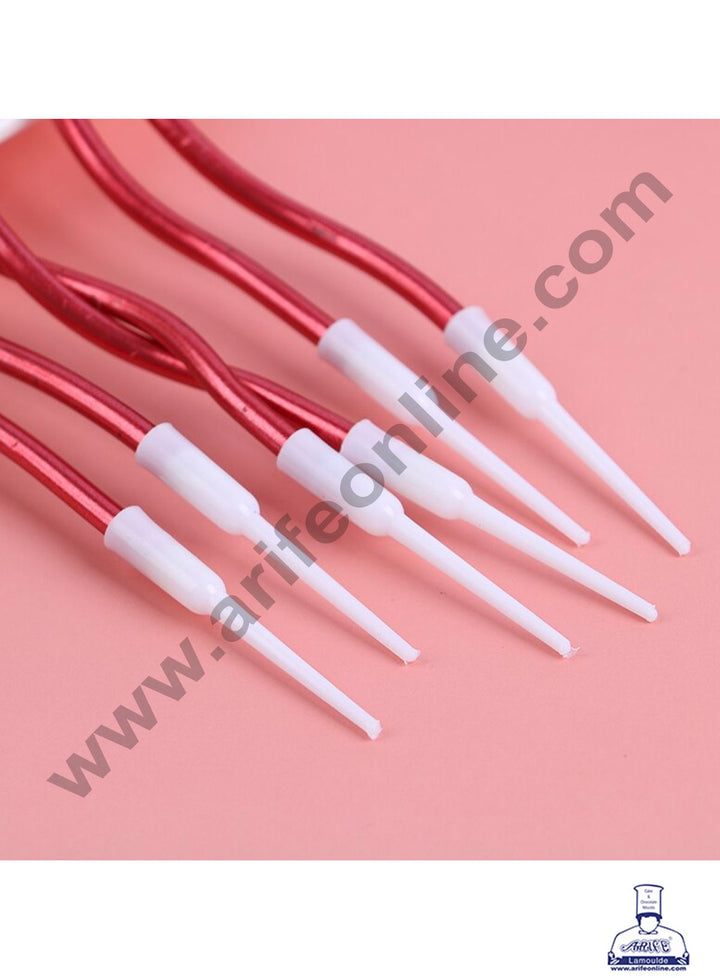 Cake Decor Metallic Long Twisty Candles with Stand for Party Decoration for Cake and Cupcake - Red ( Set of 6 Pc )