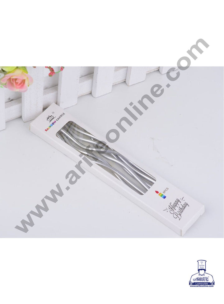 Cake Decor Metallic Long Twisty Candles with Stand for Party Decoration for Cake and Cupcake - Silver ( Set of 6 Pc )