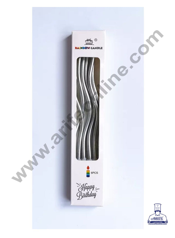 Cake Decor Metallic Long Twisty Candles with Stand for Party Decoration for Cake and Cupcake - Silver ( Set of 6 Pc )