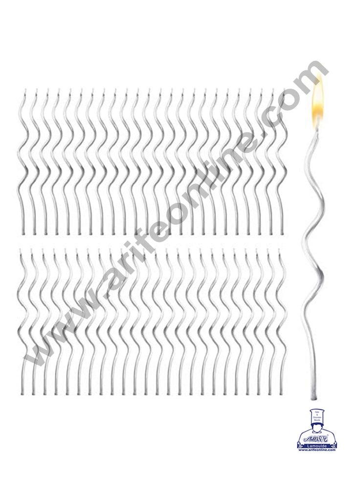Cake Decor Metallic Long Twisty Candles with Stand for Party Decoration for Cake and Cupcake - Silver ( Set of 6 Pc )