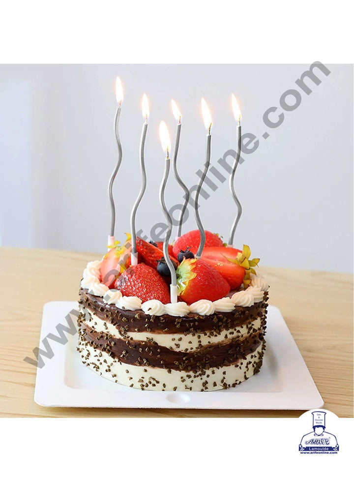 Cake Decor Metallic Long Twisty Candles with Stand for Party Decoration for Cake and Cupcake - Silver ( Set of 6 Pc )