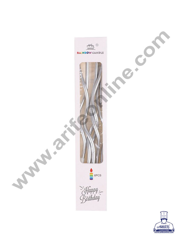 Cake Decor Metallic Long Twisty Candles with Stand for Party Decoration for Cake and Cupcake - Silver ( Set of 6 Pc )