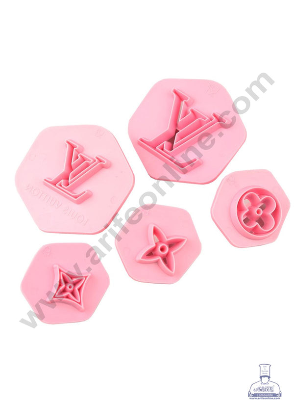 Cake Decor Plastic LV Logo Shape Embosser Fondant Quilt Biscuit Mold Cookie Cutter For Cupcake Decoration And Cake Decorating Tools(5 Pcs Set)