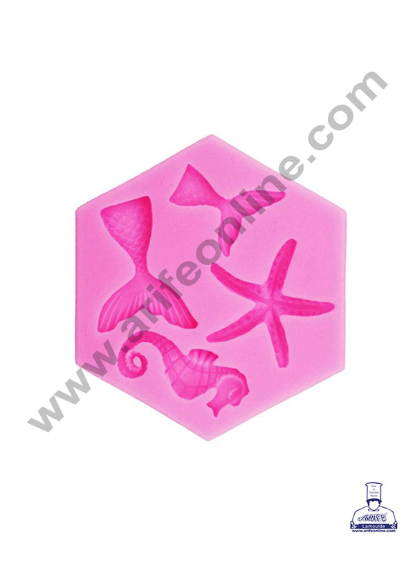 Cake Decor Silicon 4 Cavity Mermaid Tail Seahorse and Starfish Fondant Clay Marzipan Cake Decoration Mould SBSP-F1053YX