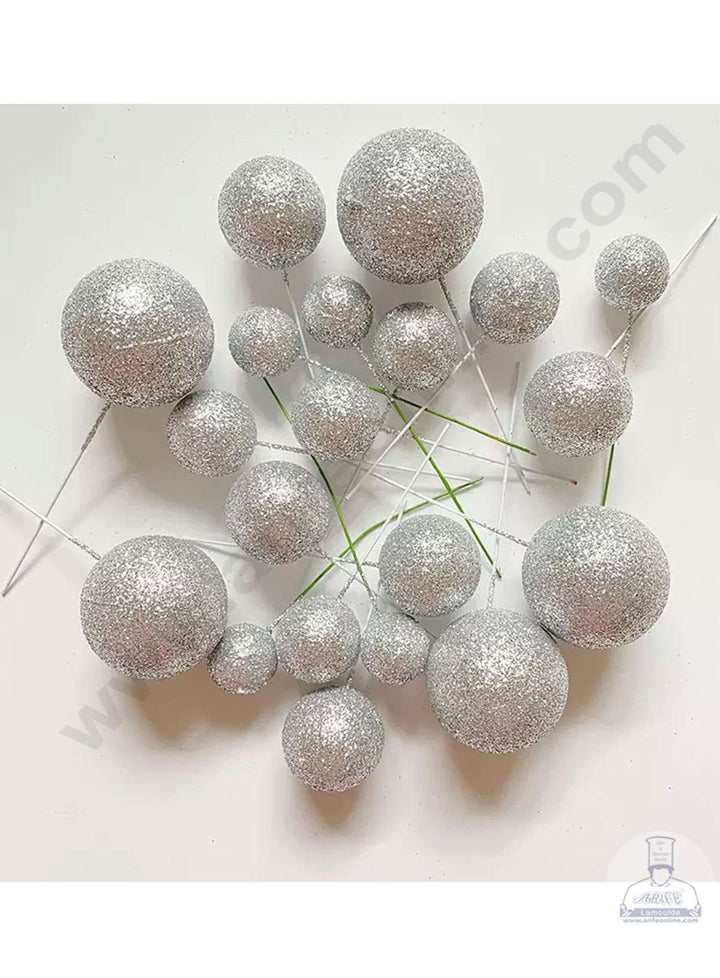 Cake Decor Silver Glitter Faux Ball Toppers For Cake and Cupcake Decoration - (20pcs Pack)