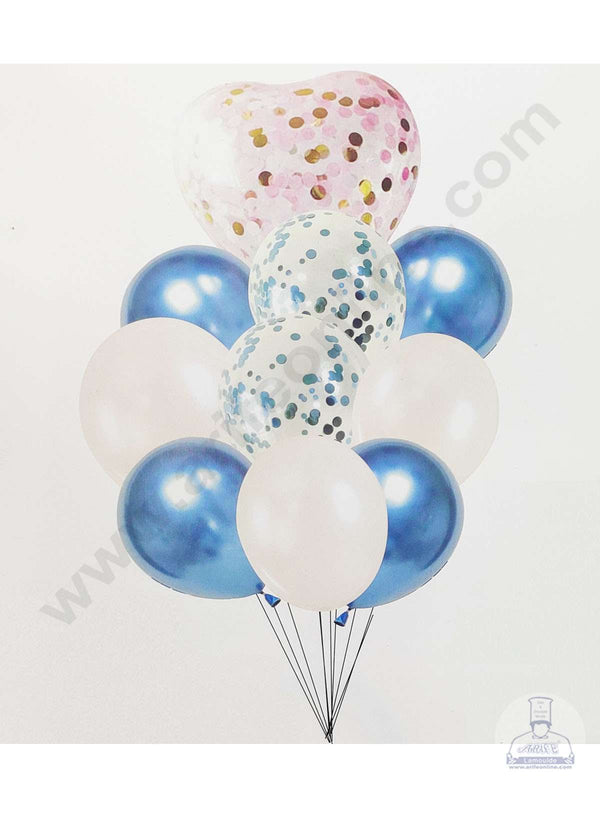 Cake Decor™ Blue White Balloons with Heart Round Confetti Balloons Set ( Pack of 10 Pcs )