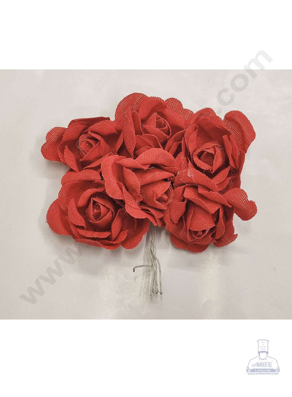 Cake Decor™ Medium Jute Rose Artificial Flower Bunch For Cake Decoration – Red( 1 Bunch )