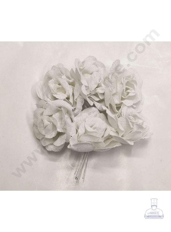 Cake Decor™ Medium Jute Rose Artificial Flower Bunch For Cake Decoration – White( 1 Bunch )