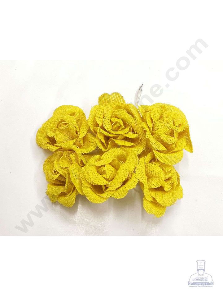 Cake Decor™ Medium Jute Rose Artificial Flower Bunch For Cake Decoration – Yellow( 1 Bunch )