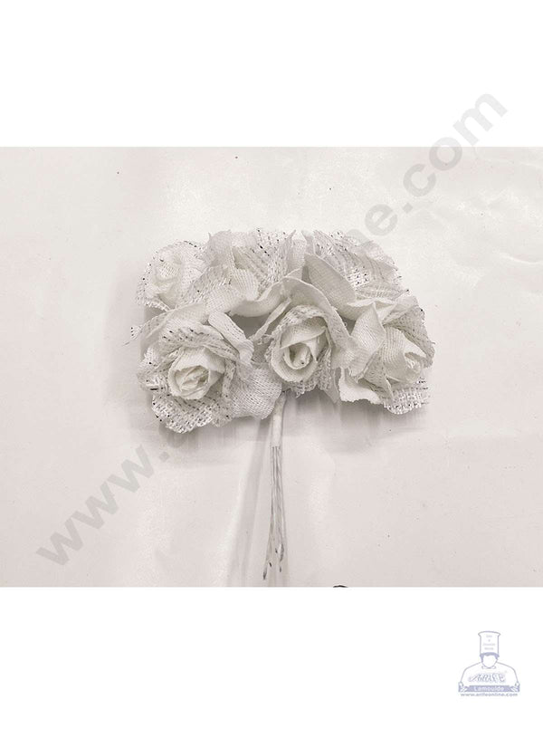 Cake Decor™ Medium Jute Rose With Net Artificial Flower Bunch For Cake Decoration – White( 1 Bunch )