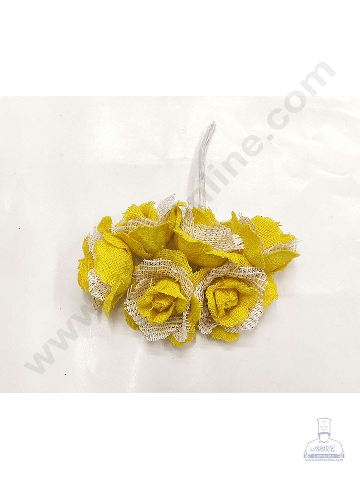 Cake Decor™ Medium Jute Rose With Net Artificial Flower Bunch For Cake Decoration – Yellow( 1 Bunch )