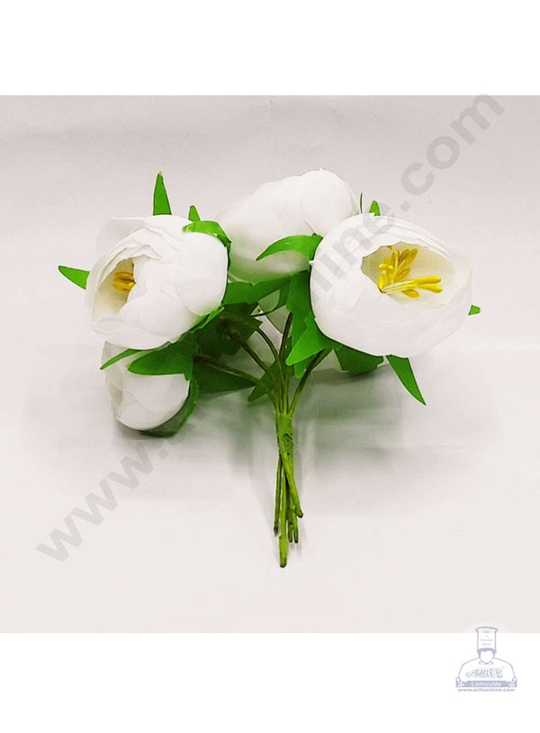 Cake Decor™ Medium Peony Artificial Flower Bunch For Cake Decoration – White( 6 pc pack )