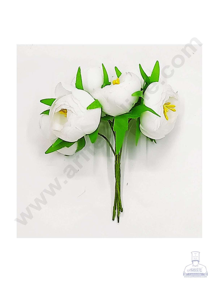 Cake Decor™ Medium Peony Artificial Flower Bunch For Cake Decoration – White( 6 pc pack )