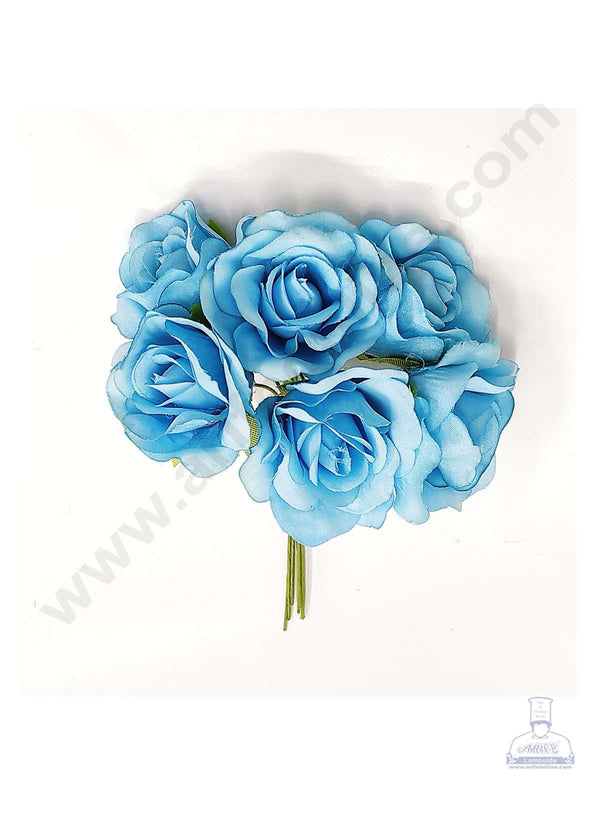 Cake Decor™ Medium Rose Artificial Flower Bunch For Cake Decoration – Blue( 1 Bunch )