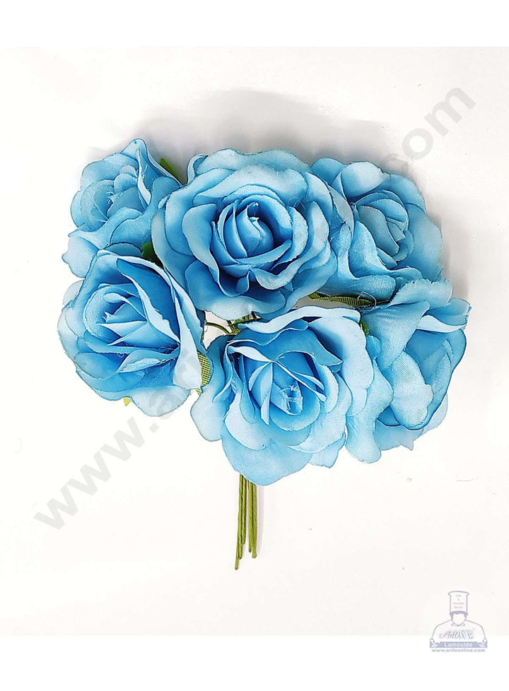 Cake Decor™ Medium Rose Artificial Flower Bunch For Cake Decoration – Blue( 1 Bunch )