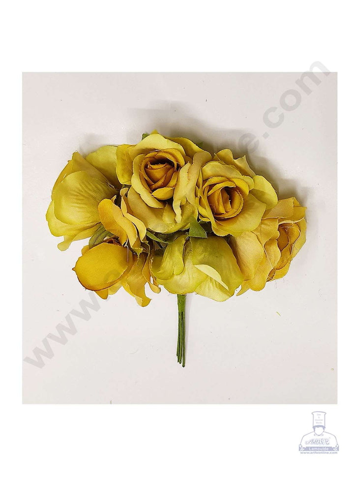 Cake Decor™ Medium Rose Artificial Flower Bunch For Cake Decoration – Greenish Yellow( 1 Bunch )