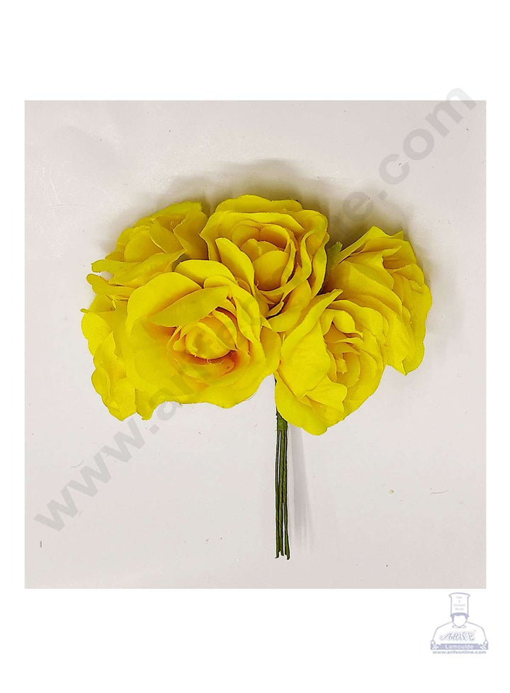 Cake Decor™ Medium Rose Artificial Flower Bunch For Cake Decoration – Yellow( 1 Bunch )