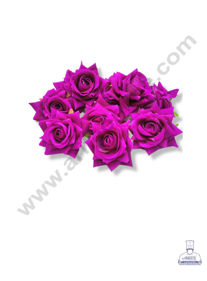 Cake Decor™ Medium Velvet Rose Artificial Flower For Cake Decoration – Purple ( 10 pcs Pack )