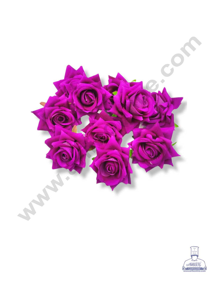 Cake Decor™ Medium Velvet Rose Artificial Flower For Cake Decoration – Purple ( 10 pcs Pack )