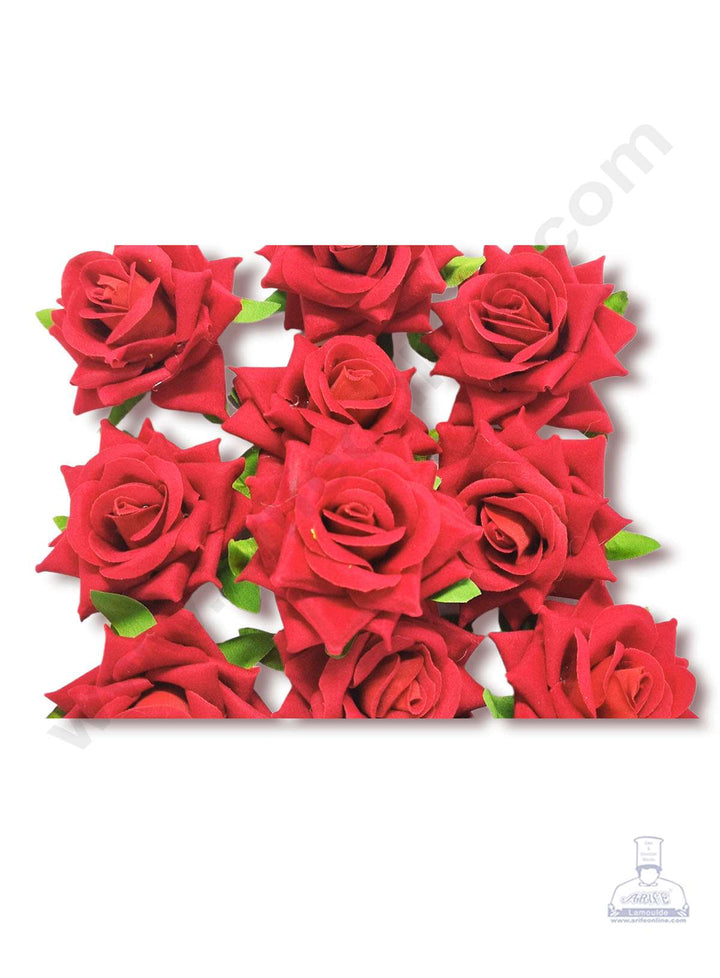 Cake Decor™ Medium Velvet Rose Artificial Flower For Cake Decoration – Red ( 10 pcs Pack )
