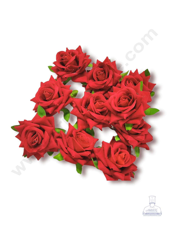 Cake Decor™ Medium Velvet Rose Artificial Flower For Cake Decoration – Red ( 10 pcs Pack )