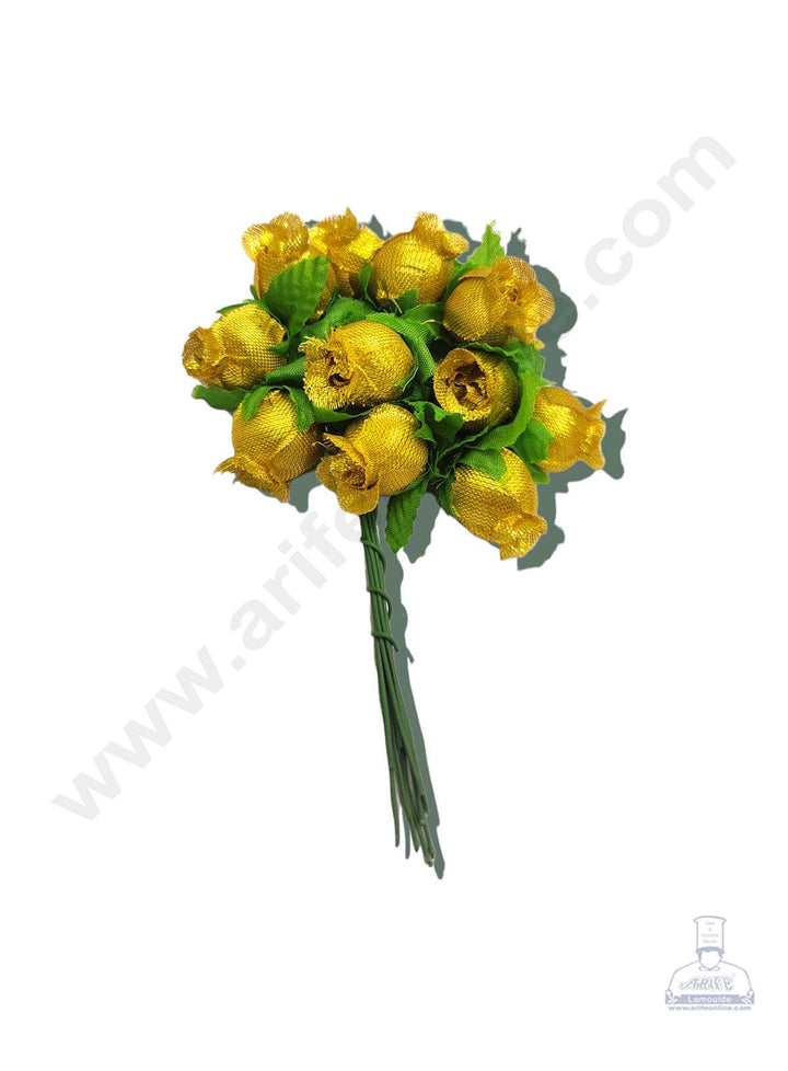 Cake Decor™ Mini Rose Artificial Flower Bunch For Cake Decoration – Gold( 1 Bunch )