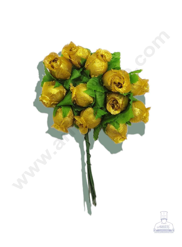 Cake Decor™ Mini Rose Artificial Flower Bunch For Cake Decoration – Gold( 1 Bunch )