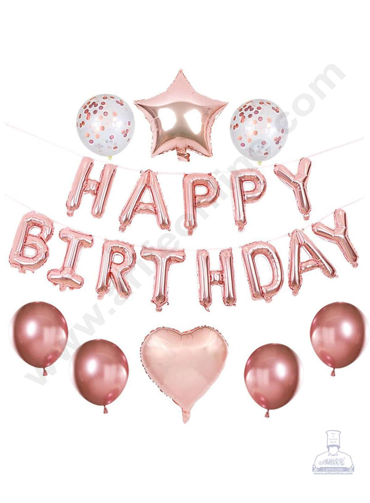 Cake Decor™ Rose Gold HAPPY BIRTHDAY Foil Banners with Star Foil Balloons and Rose Gold Confetti Balloons Set For Party Balloon Decoration (Pack of 21 pc )