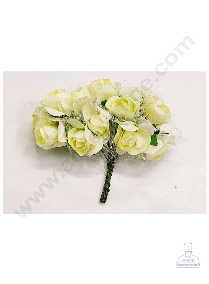 Cake Decor™ Small Rose Artificial Flower Bunch For Cake Decoration – White Yellow ( 1 Bunch )