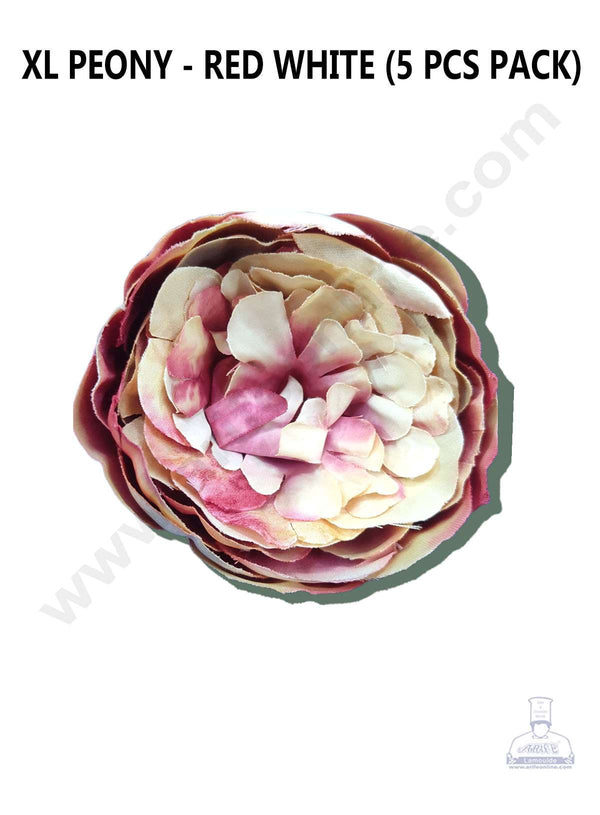 Cake Decor™ XL Peony Artificial Flower For Cake Decoration – Red White ( 5 pc pack )