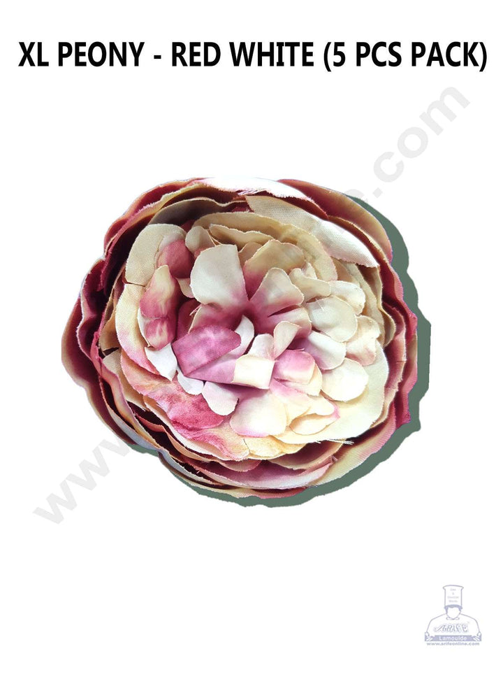 Cake Decor™ XL Peony Artificial Flower For Cake Decoration – Red White ( 5 pc pack )