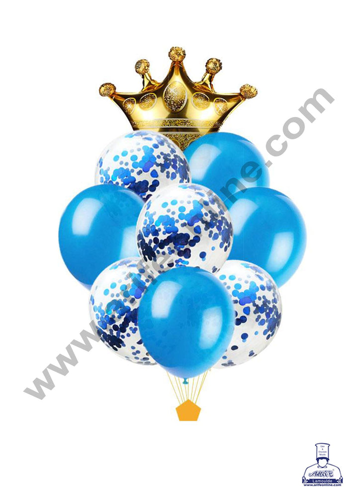 Cake Decor Golden Crown Shape Foil Balloons , Blue Balloons with Blue Colored Pre-filled Confetti Balloons ( Pack of 9 Pcs )