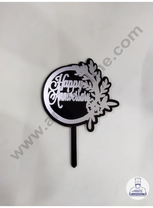 Cake Decor 5 Inches Digital Printed Cake Toppers - Happy Anniversary With Black Silver Leaf