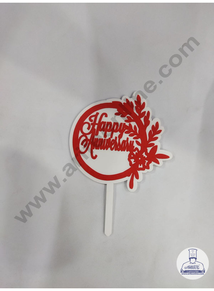 Cake Decor 5 Inches Digital Printed Cake Toppers - Happy Anniversary With White Red Leaf