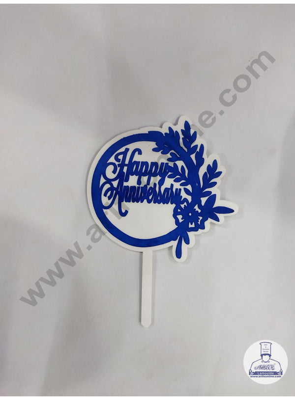 Cake Decor 5 Inches Digital Printed Cake Toppers - Happy Anniversary With White Blue Leaf