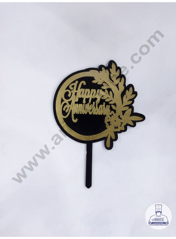 Cake Decor 5 Inches Digital Printed Cake Toppers - Happy Anniversary With Black Gold Leaf