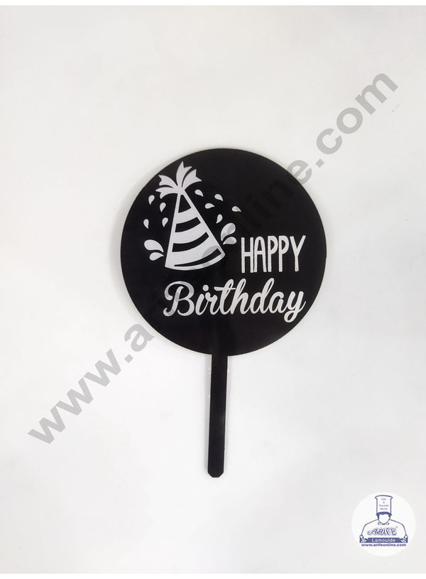 Cake Decor 5 Inches Digital Printed Cake Toppers - Happy Birthday With Black Silver Cap